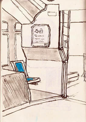 Got on a bus at a turnaround point.  Was the only one on the bus, so I sketched the area behind the driver.  Pilot Prera.